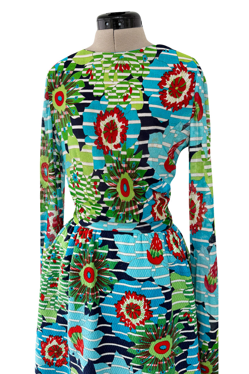 Prettiest c1972 Lanvin by Jules-Francois Crahay Printed Silk Jersey & Waffle Weave Low Back Dress