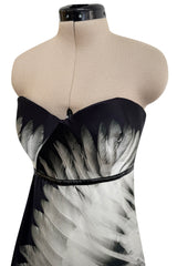 Fabulous 2007 Alexander McQueen Strapless Silk Black & Grey Tone Feather Print Dress