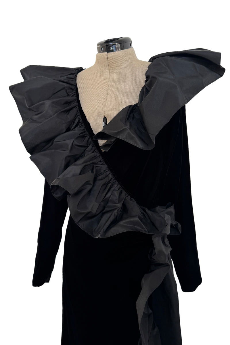 Amazing Fall 1984 Yves Saint Laurent Runway Silk Taffeta Ruffle & Velvet Wrap Dress