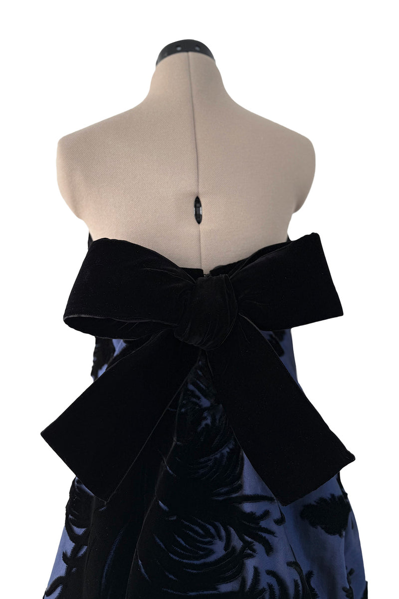 Incredible Fall 1987 Bill Blass Runway Deep Blue Silk & Black Velvet Dress w Back Bustles & Bows