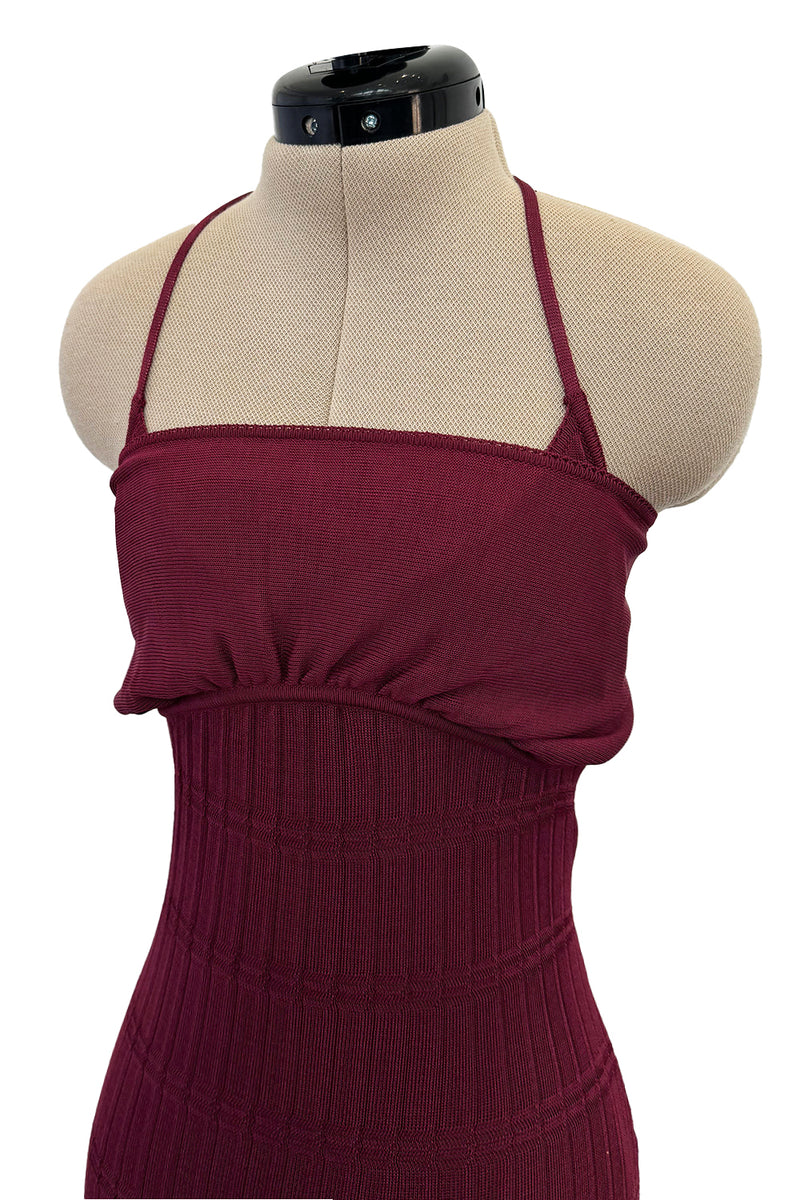 Fantastic Fall 1997 John Galliano Mid Calf Deep Burgundy Knit Dress w Tie Back