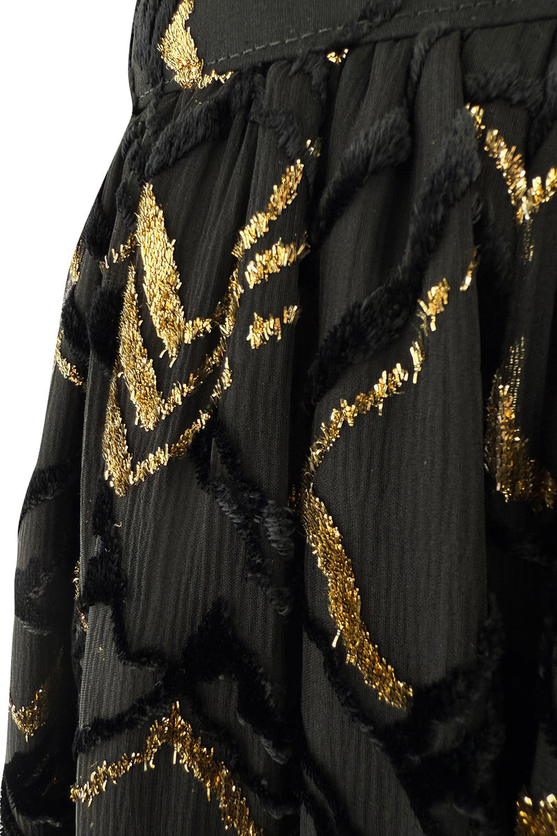 Fantastic 1970s Adolfo Black SIlk Chiffon Velvet & Gold Eyelash Detailed Skirt