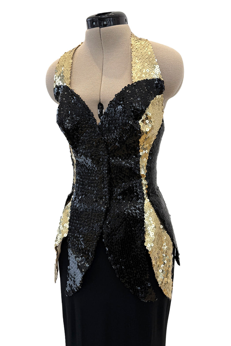 c.1973 Loris Azzaro Backless Black Jersey Dress w Gold & Black Sequin Flame Halter Top