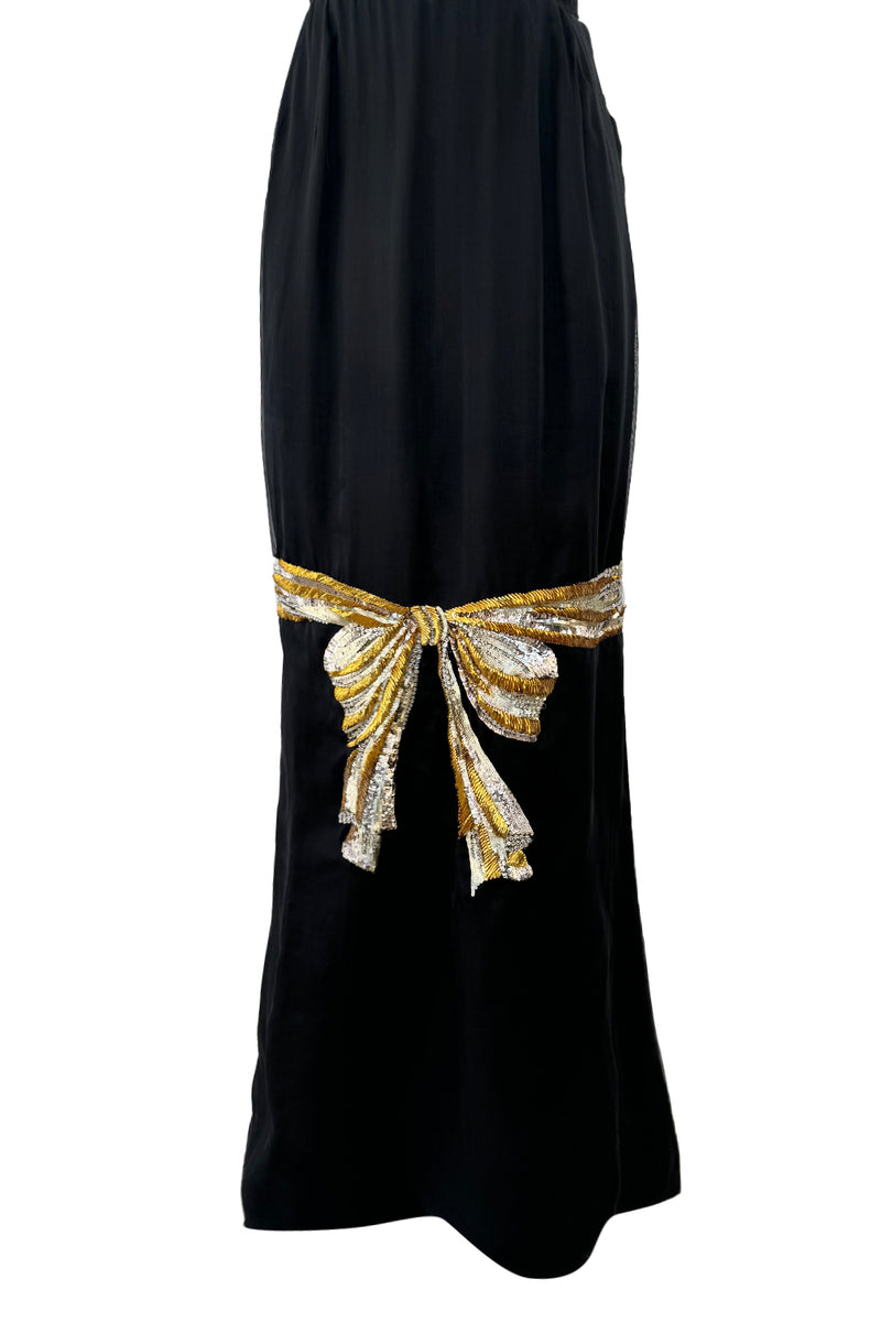 Spring 1979 Givenchy Haute Couture Runway Black Silk Chiffon Strapless Dress w Gold Sequin Bow Dress