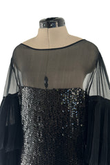 Killer 1980s Louis Feraud Black Sequin Dress w Amazing Tiered Silk Chiffon Sleeves