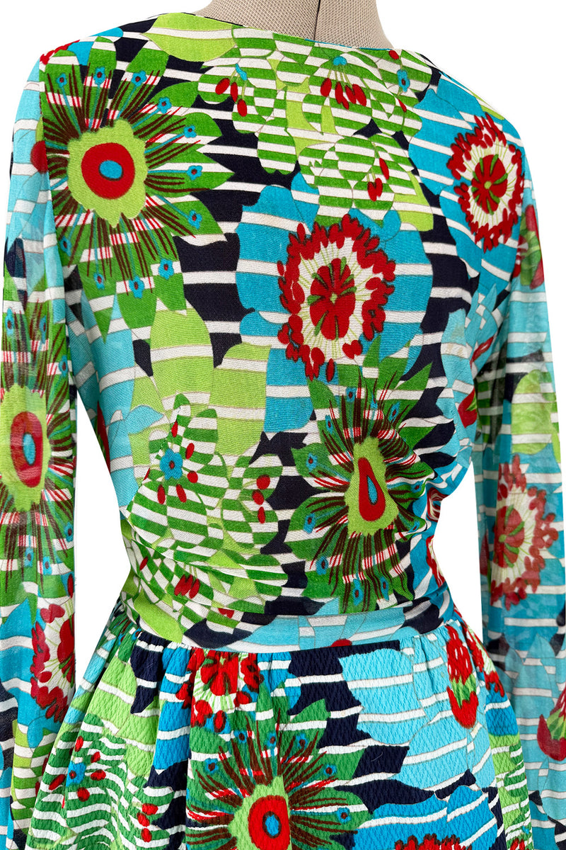 Prettiest c1972 Lanvin by Jules-Francois Crahay Printed Silk Jersey & Waffle Weave Low Back Dress