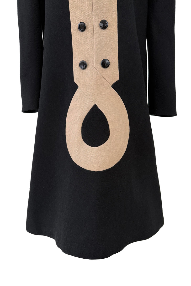 c. 1972 Pierre Cardin Black Wool Swing Dress w Taupe Inset & Glossy Black Buttons