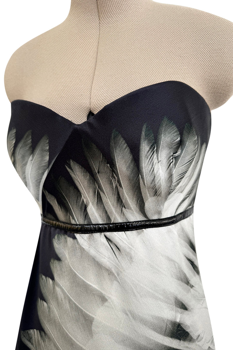 Fabulous 2007 Alexander McQueen Strapless Silk Black & Grey Tone Feather Print Dress