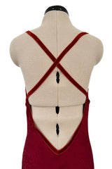 Fall 1999 John Galliano Deep Red Patterned Silk Bias Cut Backless Dress w Velvet Ribbon Details