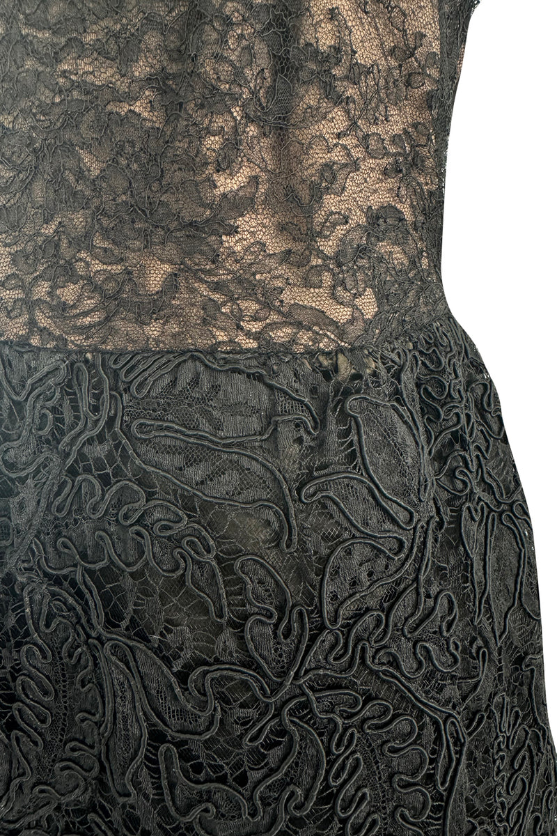 Prettiest 1960s James Galanos Couture Black French Lace & Silk Cord Dress