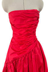 Late 1970s Unlabeled Strapless Red Silk Dress w Gathered Bodice & Full Skirt