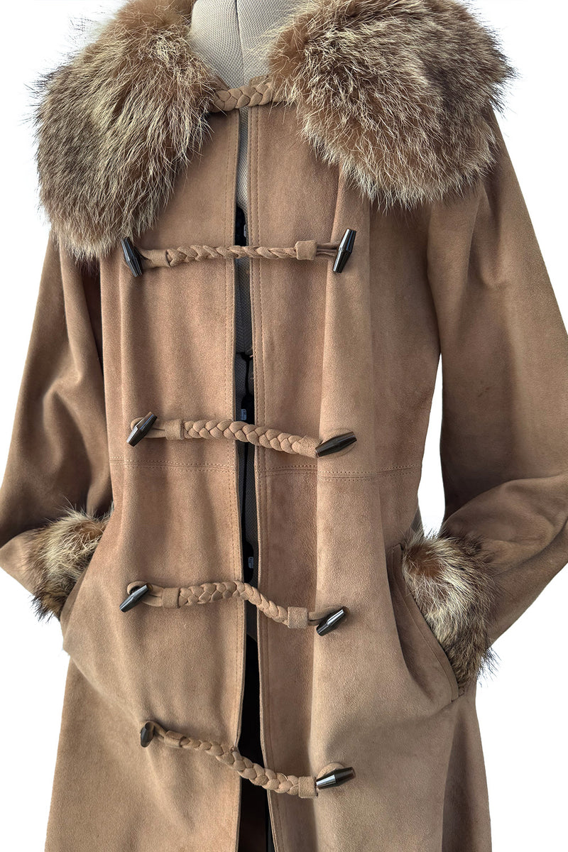 1970s Yves Saint Laurent Soft Brown Suede Jacket w Coyote Cuffs & Collar