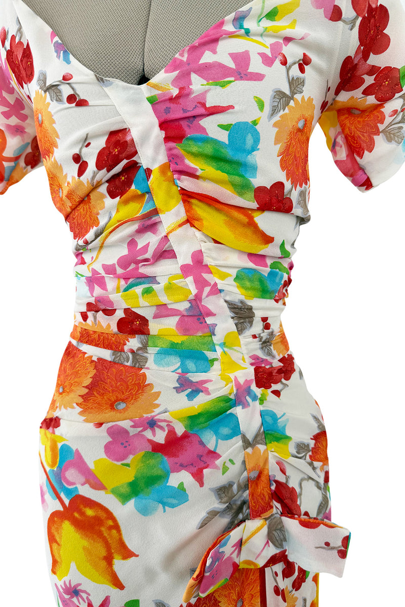 Gorgeous Spring 2006 Christian Dior by John Galliano Bright Floral Print Silk Chiffon Dress