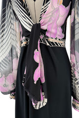 Prettiest 1970s Leonard Paris Printed Silk & Black Jersey Dress w Plunge Front