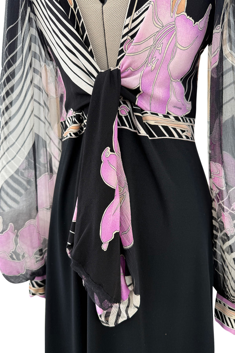 Prettiest 1970s Leonard Paris Printed Silk & Black Jersey Dress w Plunge Front