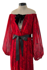 Beautiful Fall 1994 Yves Saint Laurent Red Rose Print Off Shoulder Dress w Velvet Bow