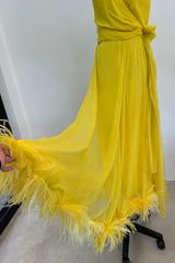 Oscar de la Renta 1970s Yellow Chiffon & Feather Dress