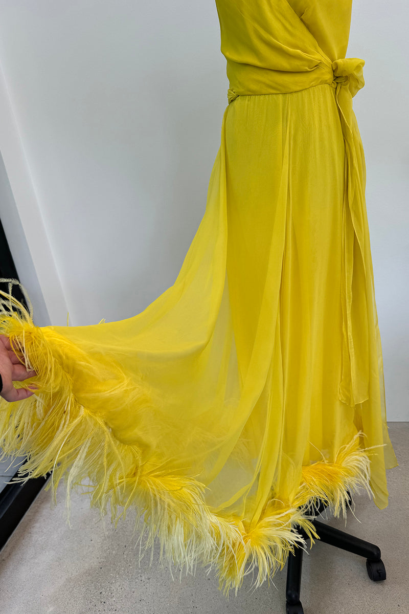 Oscar de la Renta 1970s Yellow Chiffon & Feather Dress