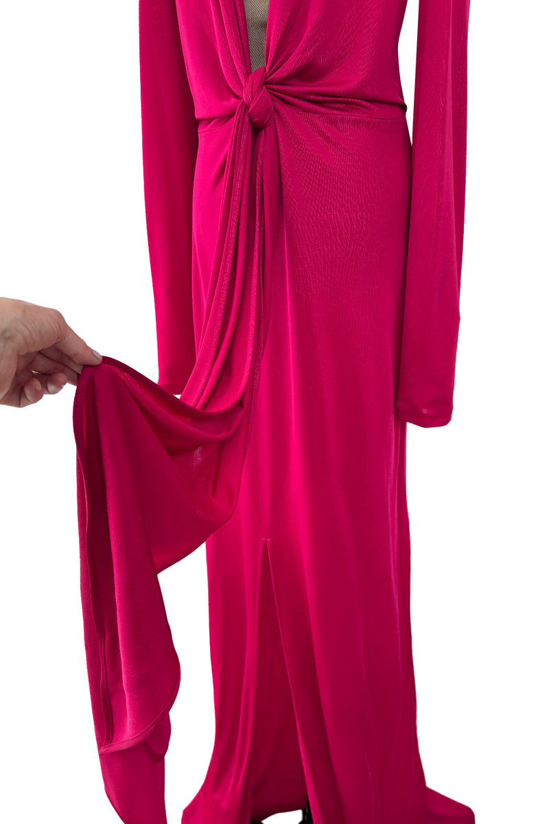 Spring 2018 Givenchy Deep Pink Long Tie Detailed Front Plunge Jersey Dress