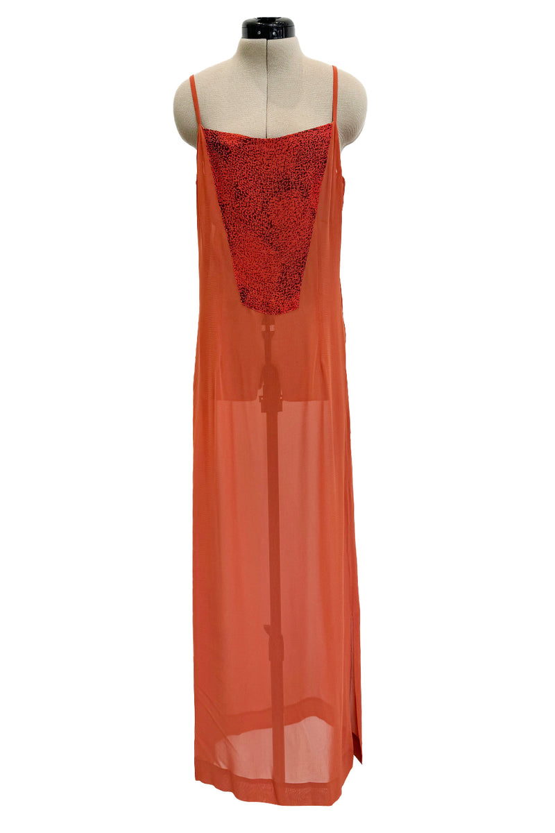 1970s Christian Dior by Marc Bohan Deep Coral Silk Chiffon Caftan Dress w Sash