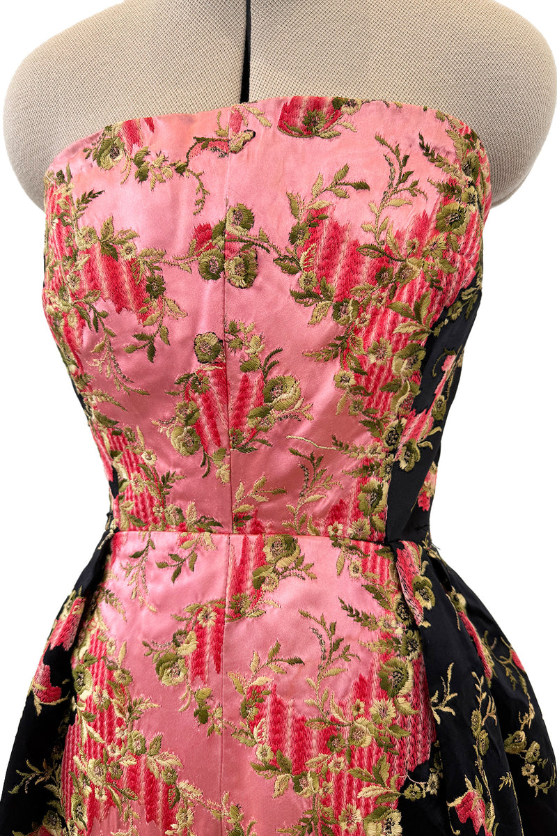 Dreamy 1960s Unlabeled Strapless Black Dress w Front Pink Panel &  Floral Embroidery