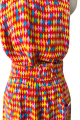 Chic 1990s Bill Blass Silk Multi Colour Print Halter Dress w Pleated Skirt & Belt