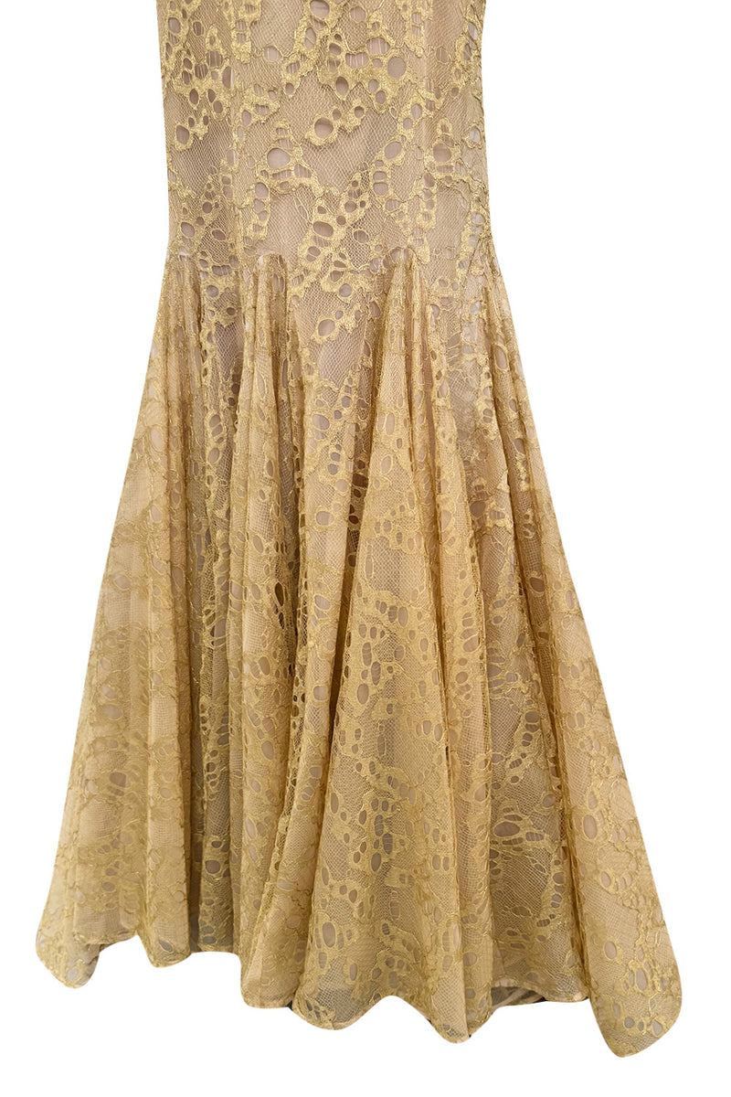 Incredible Spring 2012 Alexander McQueen by Sarah Burton Gold Lace Dress w Full Lower Skirting