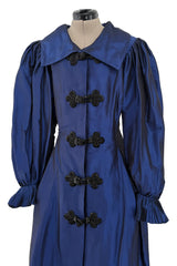 1980s Oscar de la Renta Iridescent Silk Taffeta Blue Coat or Dress w beaded Frog Knots