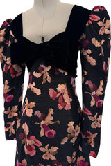 Stunning 1970s Givenchy Floral Silk Brocade Dress w Velvet Bodice & Bow