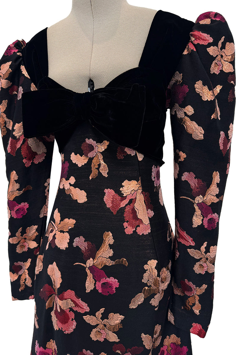 Stunning 1970s Givenchy Floral Silk Brocade Dress w Velvet Bodice & Bow