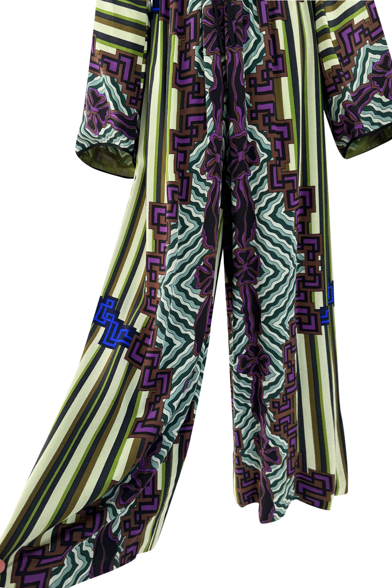 Late 1970s James Galanos Silk Chiffon Printed Jumpsuit w Wide Legs & Plunge Front