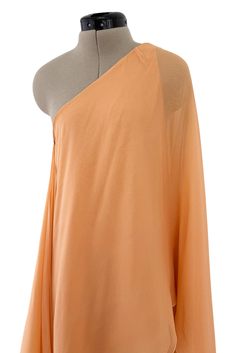 c. Resort 1976 Halston Couture Pastel Peach Silk Chiffon One Shoulder Spiral Dress