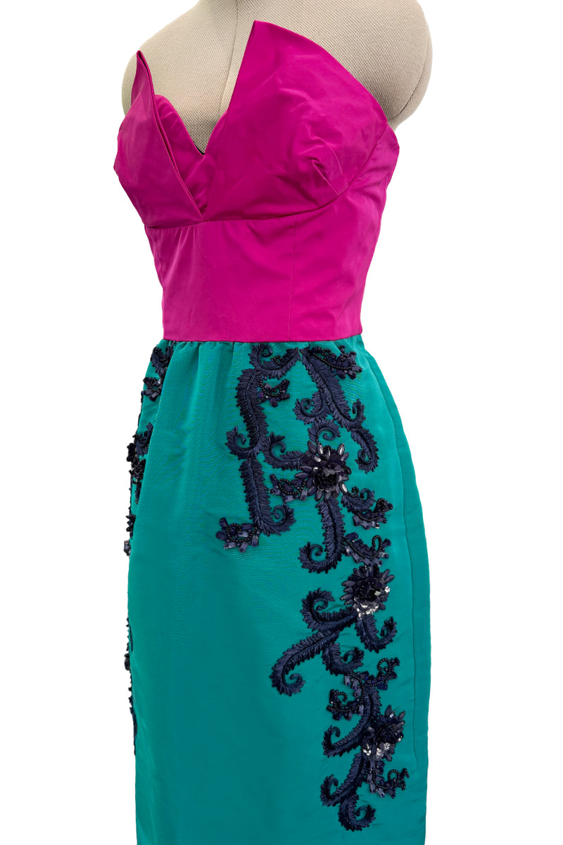 Resort 2016 Oscar de la Renta Look 34 Emerald Green & Pink Strapless Dress w Applique Work