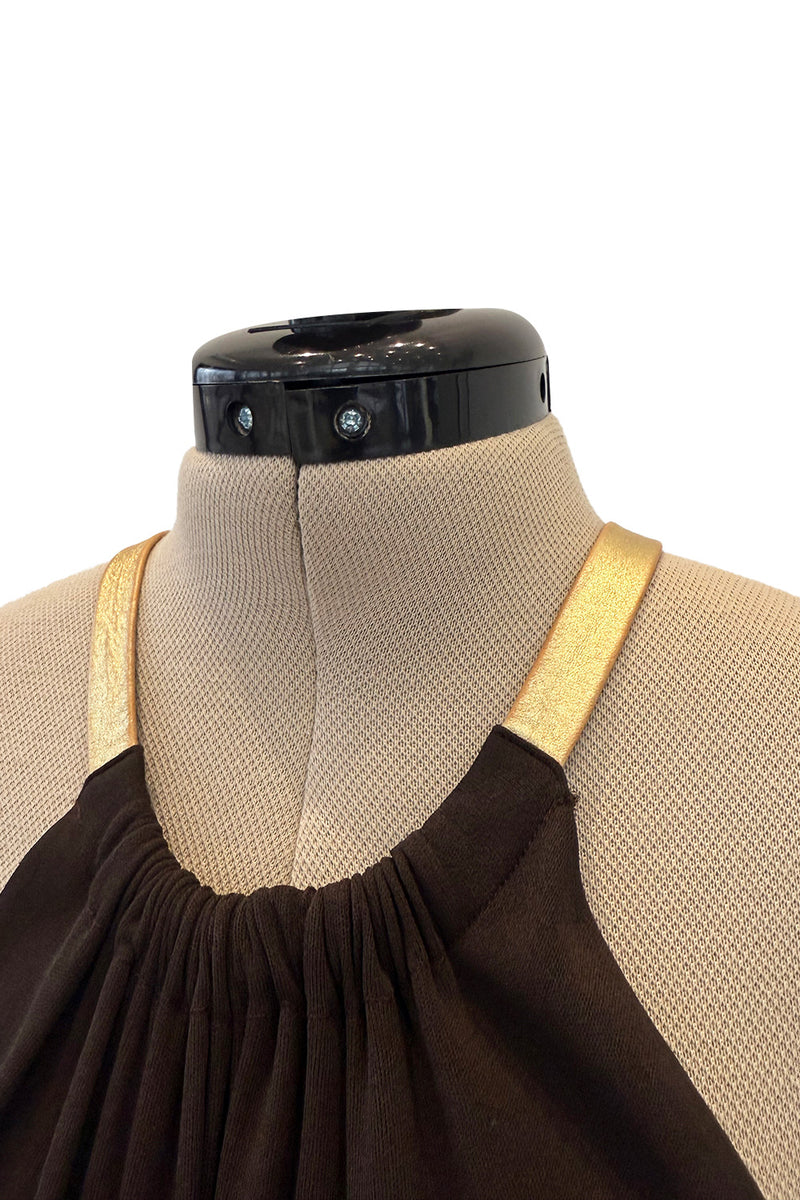 Fall 1975 Yves Saint Laurent Runway Brown Silk Jersey Backless Dress w Gold Leather Straps