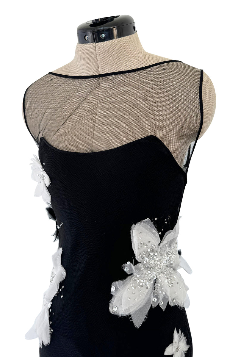 Beautiful Fall 2005 John Galliano Bias Cut Black Silk Dress w Hand Applied Silk Flowers