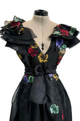 Prettiest 1960s Possible Christian Dior Floral Print Silk Organza Dress w Ruffled Shoulders