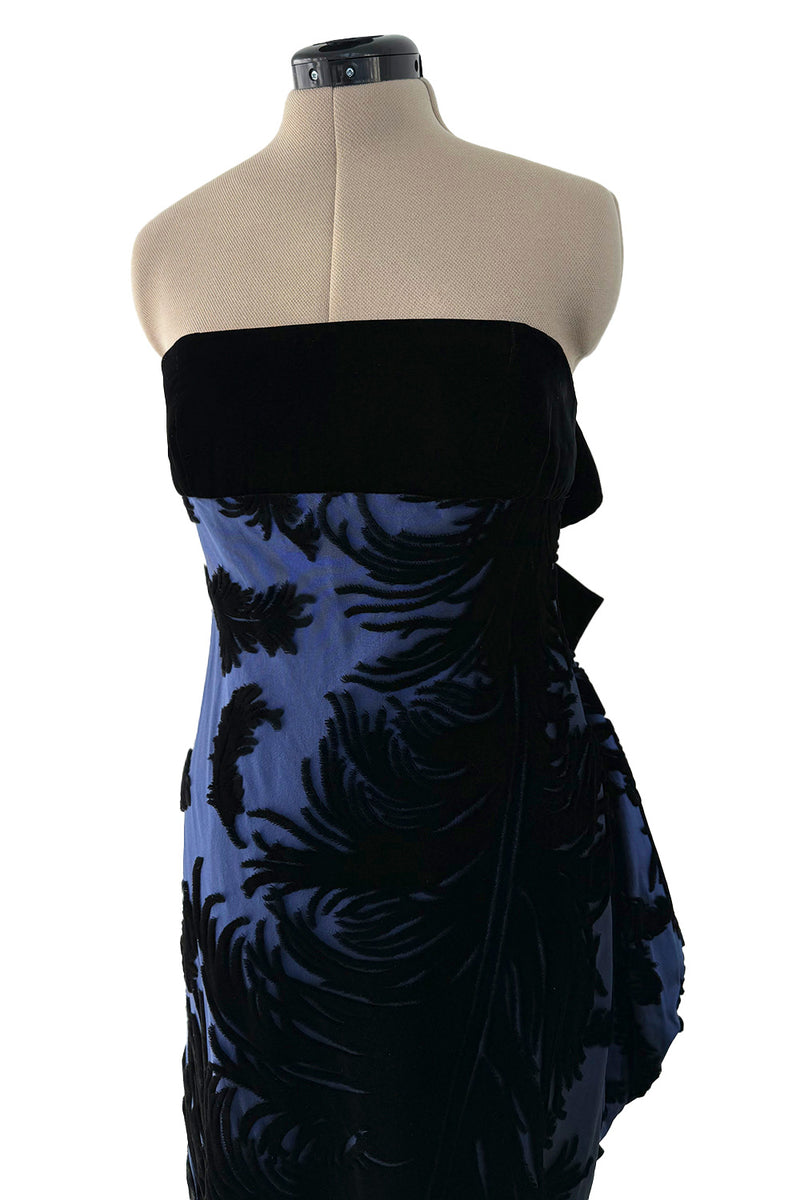 Incredible Fall 1987 Bill Blass Runway Deep Blue Silk & Black Velvet Dress w Back Bustles & Bows