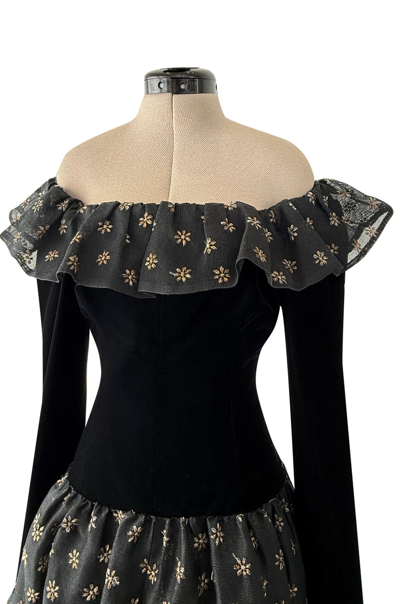 Late 1970s Early 1980s Hubert de Givenchy Haute Couture Gold Embroidered Off Shoulder Dress