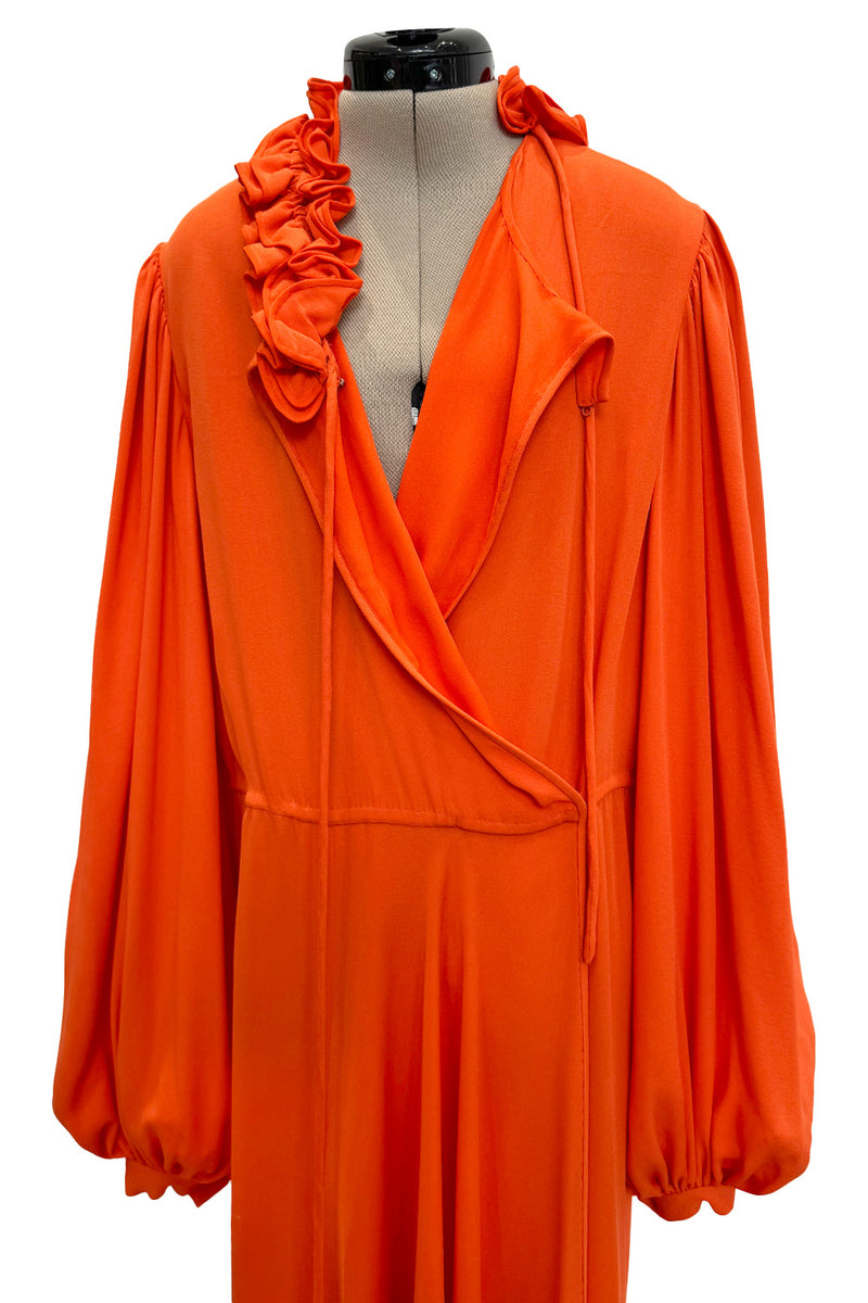 1970s James Galanos Couture Orange Silk Dress w Ruffle Neck & Balloon Sleeves