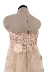 Magical 2000s Dolce & Gabbana Pinky Nude Tulle & Lace Flower Applique Strapless Dress