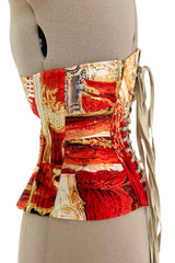 Amazing Spring 2003 Roberto Cavalli Printed Silk Lace Up Corset with Metal Stays & Hook Front