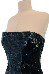 Incredible 1980s Bob Mackie Strapless Black Sequin Dress w Slight Train