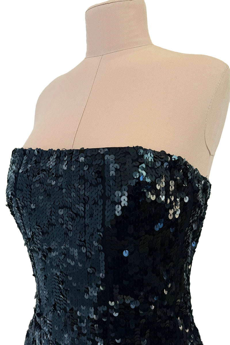 Incredible 1980s Bob Mackie Strapless Black Sequin Dress w Slight Train