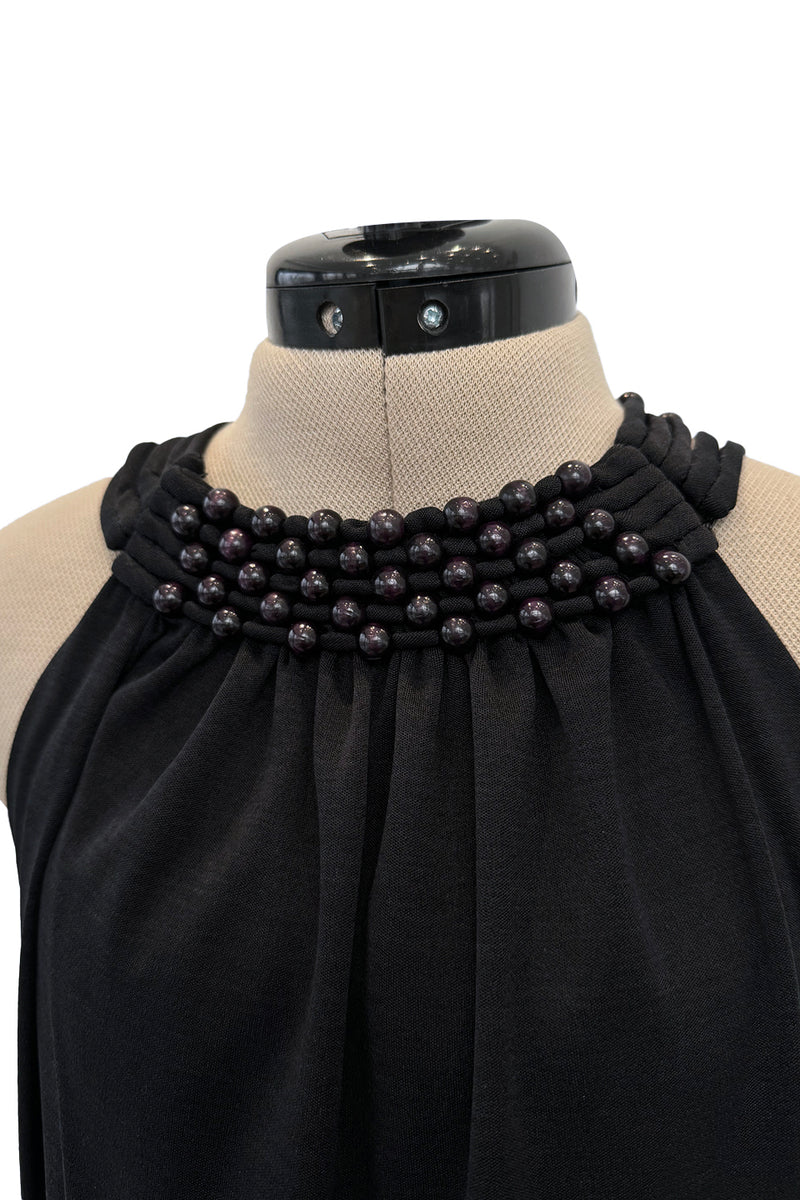 Rare Fall 1971 Loris Azzaro Black Jersey Dress w Bead & Crisscross Backless Dress