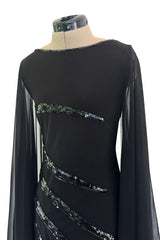 1990s Loris Azzaro Black Stretch Jersey Dress w Chiffon Angel Sleeves & Black Sequin Detailing