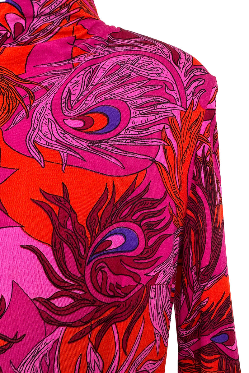 1972 La Mendola 'Paridiso' Peacock Feather Print Deep Pink Silk Jersey Dress