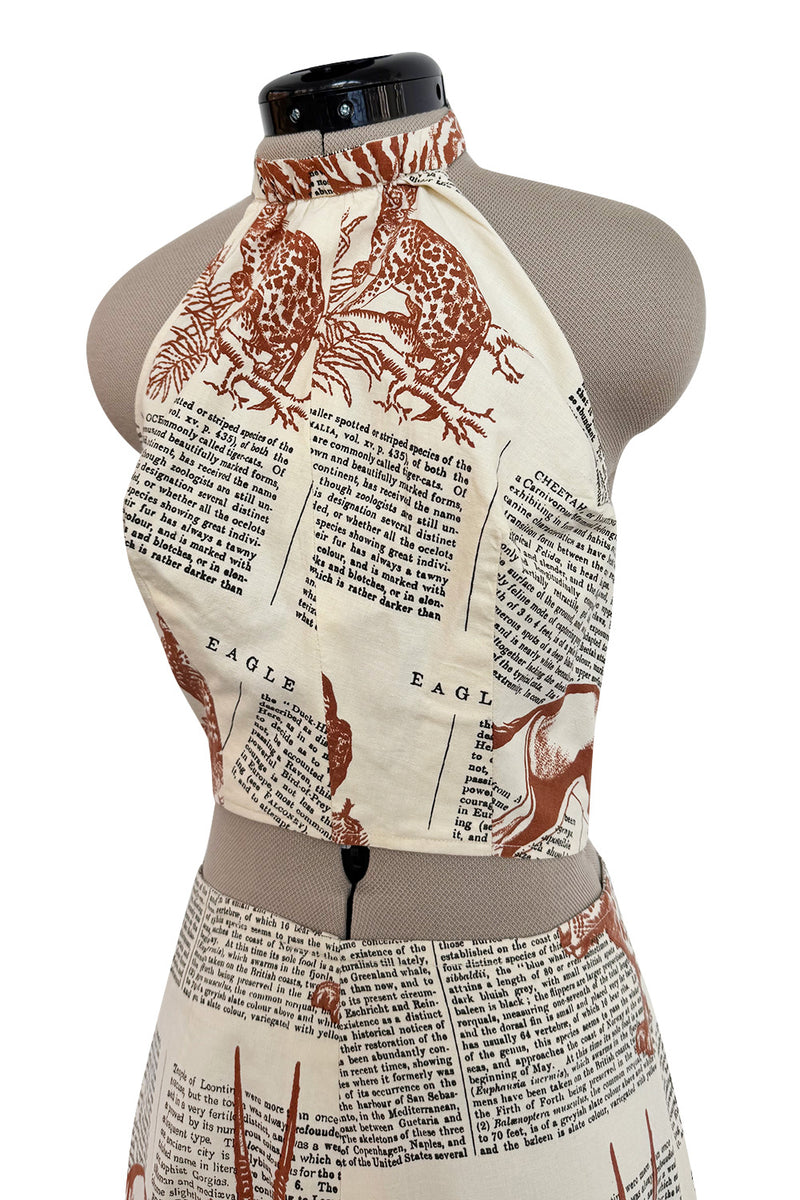 1970s Thea Porter WildLife & Text Printed Ivory Cotton Skirt & Halter Set