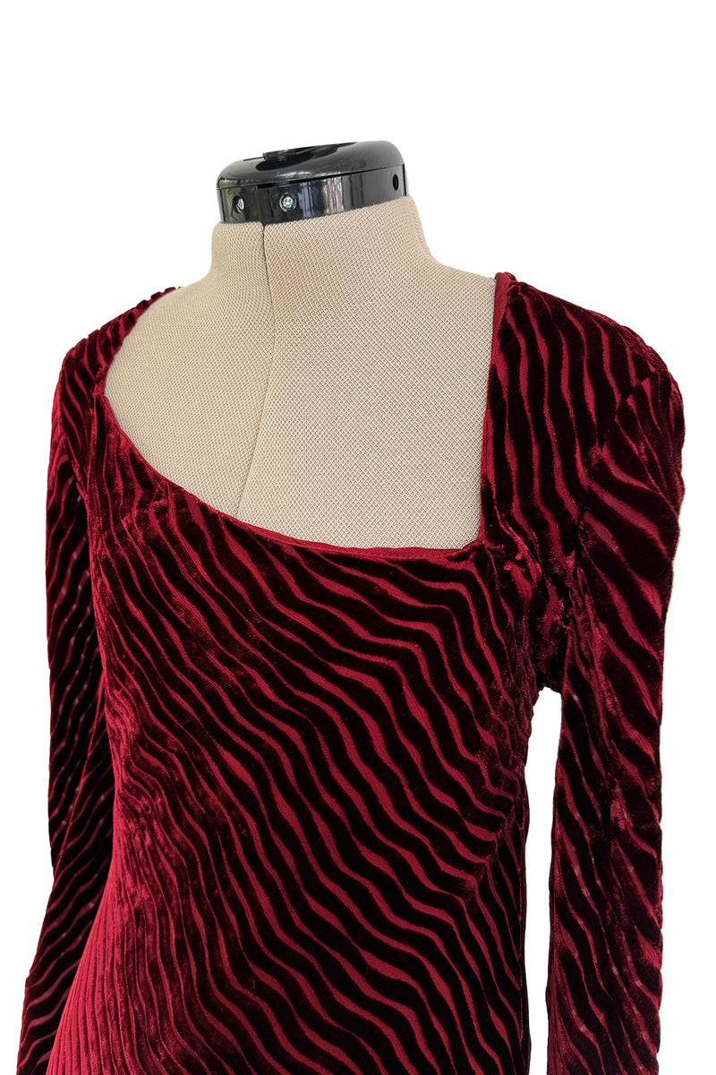 Fall 1994 Karl Lagerfeld Runway Deep Red Cut Velvet Bias Cut Dress w Angled Hem