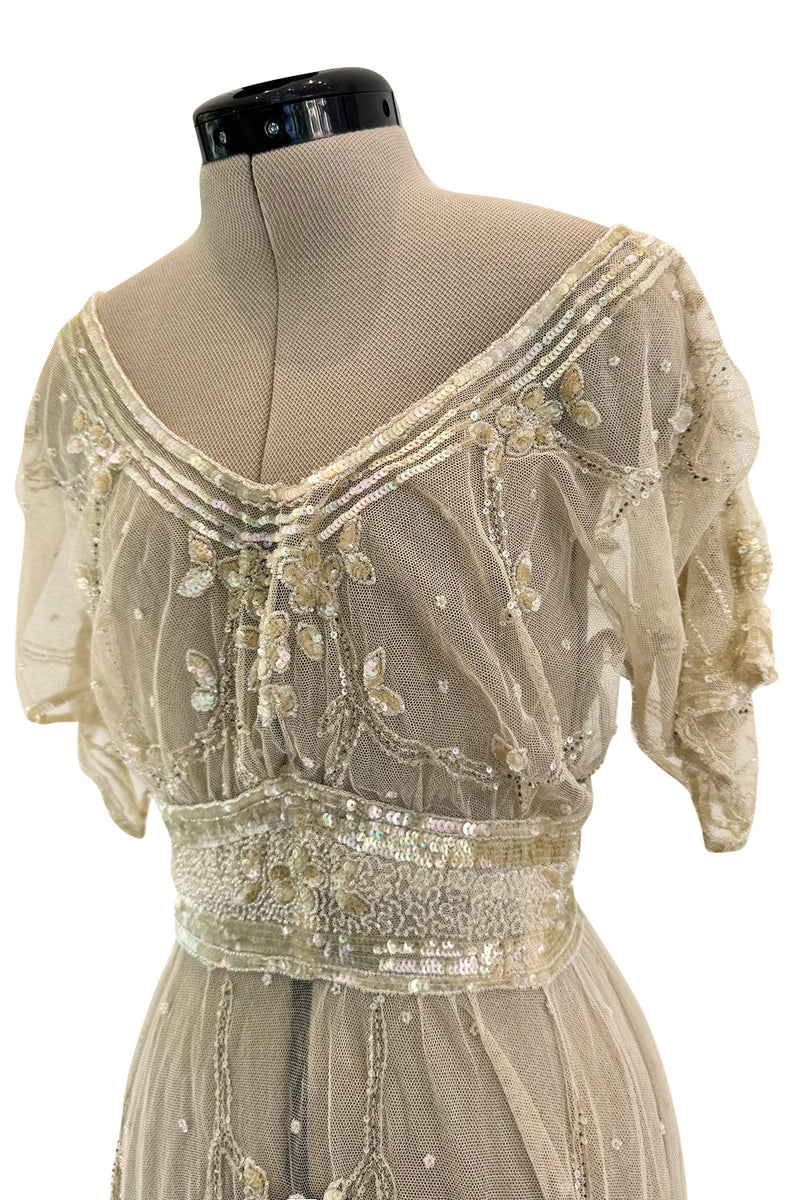 Beautiful 1910 Unlabeled Heirloom Ivory Net Wedding Dress w Elaborate Sequin & Bead Work