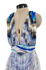 Amazing 2009-2010 Alexander McQueen Silk Chiffon Blue Agate Print Dress w Plunge Front & Open Back